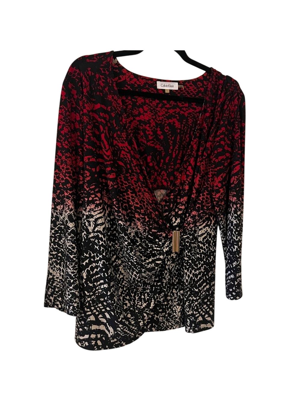 Calvin Klein 3/4 Sleeve Red, Black, & White Faux Wrap Blouse Women’s Size Large